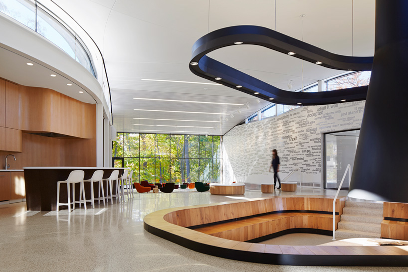 Arcus Center Building interior highlighting hearth, kitchen and seminar room