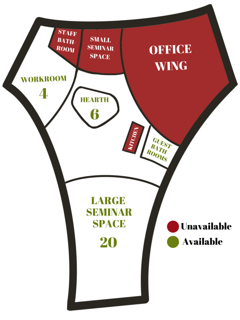 bird's eye view of center layout. Office wing, small seminar, north bathrooms, and kitchen are blocked in red. All other spaces are green