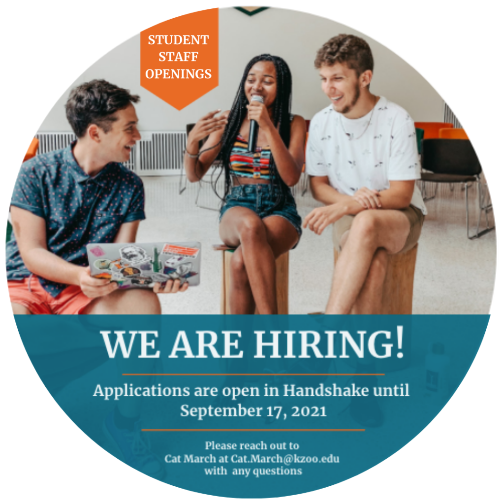 Circle graphic with text that reads: We are hiring! Application are open in Handshake until September 17