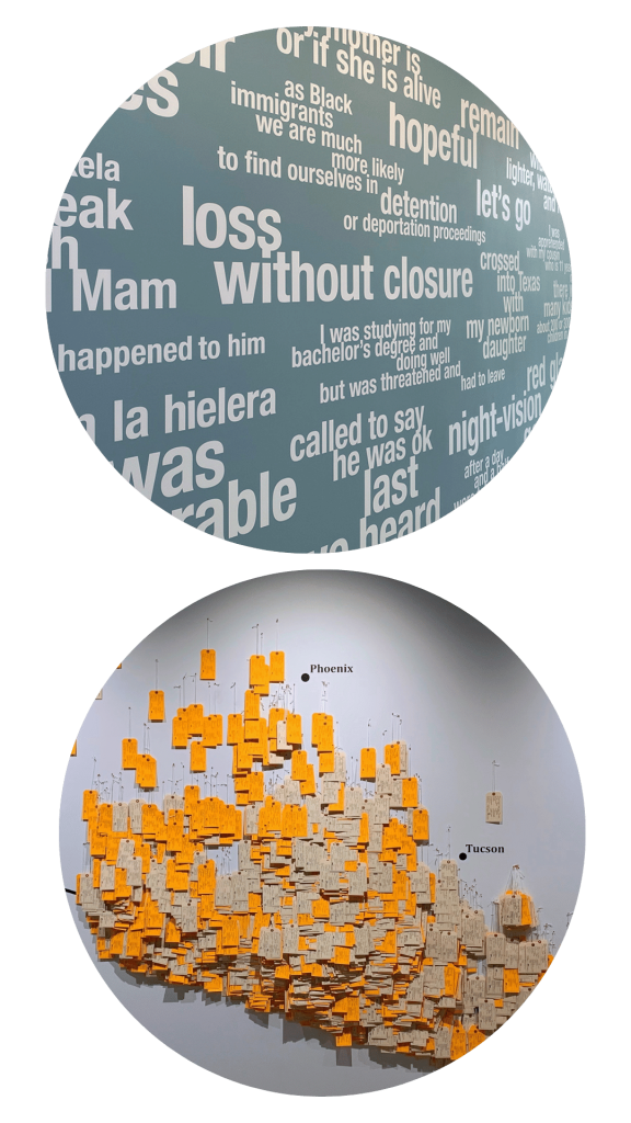 two circles on top of each other - bottom circle is the tags of HT94 exhibit, top circle is Hopeful remain words