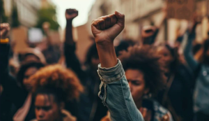 Black women with raised fists in crowd.